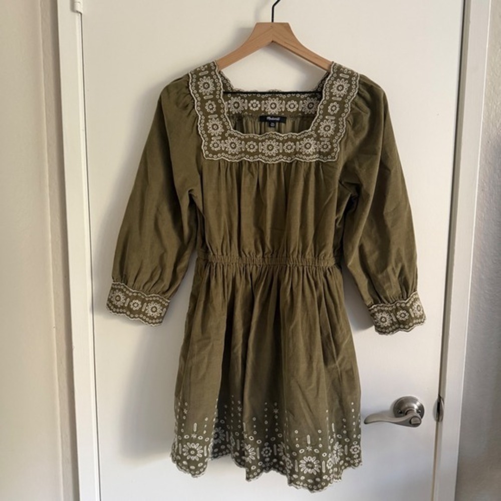 NWT Madewell Corduroy Eyelet Mini Dress Olive Green Embroidered Ren Faire Boho